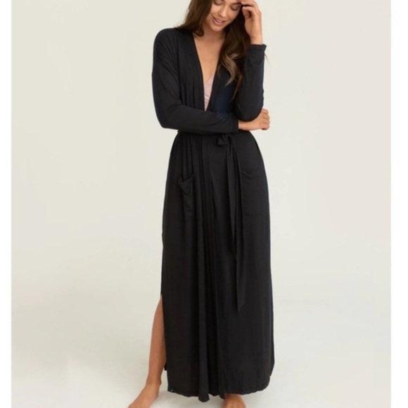 Halston Heritage Dresses & Skirts - Halston Black Wrap Side Slit Maxi Sheer Dress Robe Swimsuit Cover S/M Pockets